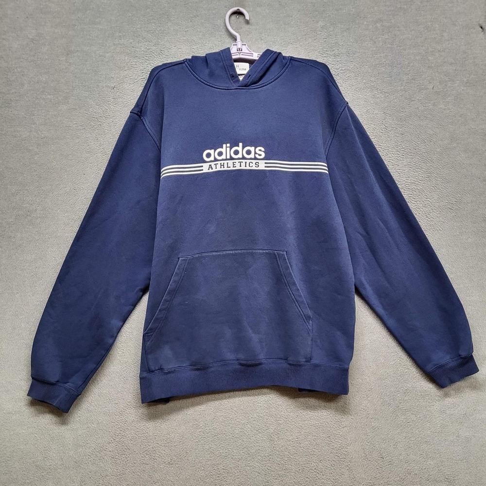 Adidas Men Hoodie L Navy Fleece Athletics Logo Long Sleeve